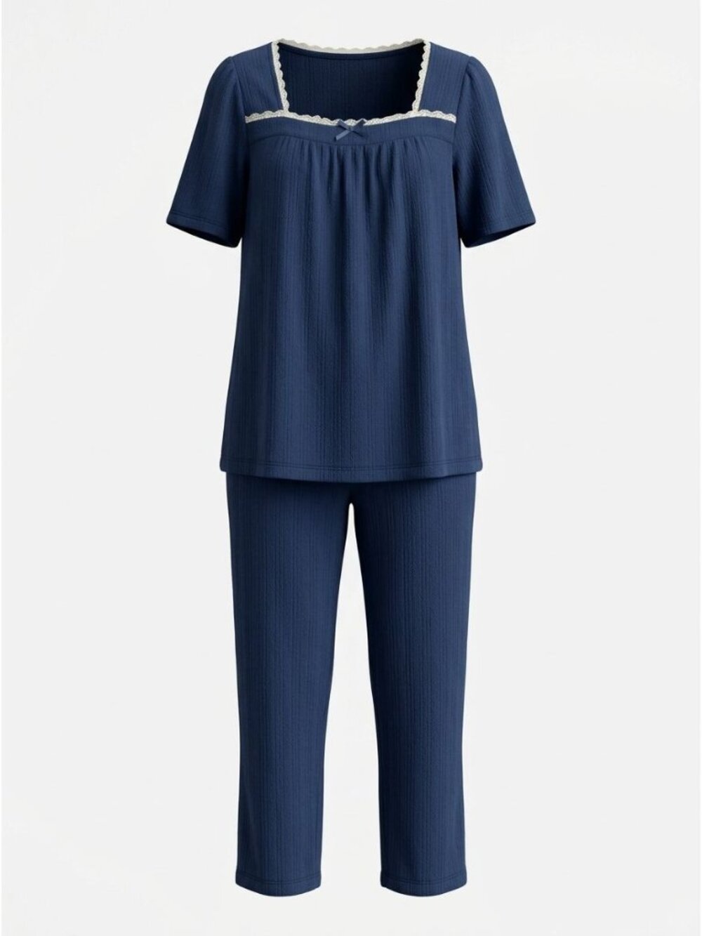 NWOT Charter Club 2 Piece Pajama Set Sz L Blue Lace Trim Short Sleeve Pants